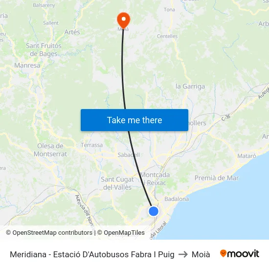 Meridiana - Estació D'Autobusos Fabra I Puig to Moià map