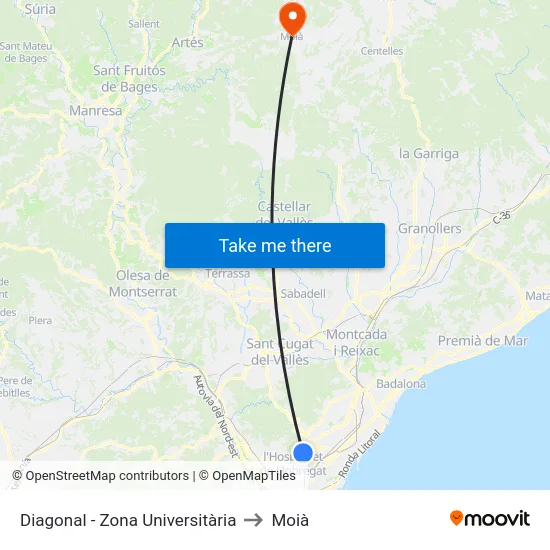 Diagonal - Zona Universitària to Moià map