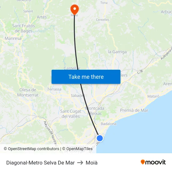 Diagonal-Metro Selva De Mar to Moià map