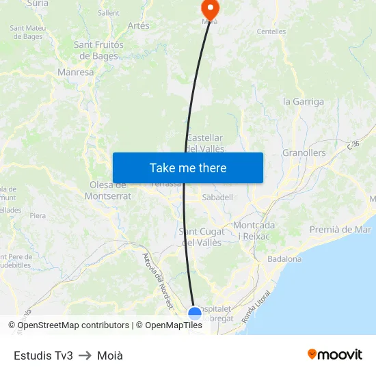 Estudis Tv3 to Moià map