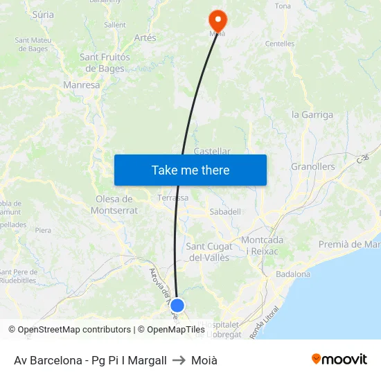 Av Barcelona - Pg Pi I Margall to Moià map