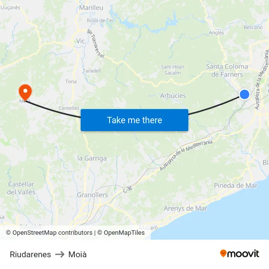 Riudarenes to Moià map