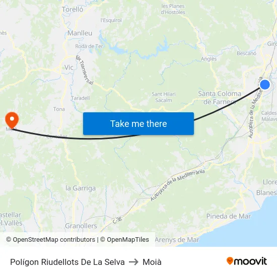 Polígon Riudellots De La Selva to Moià map