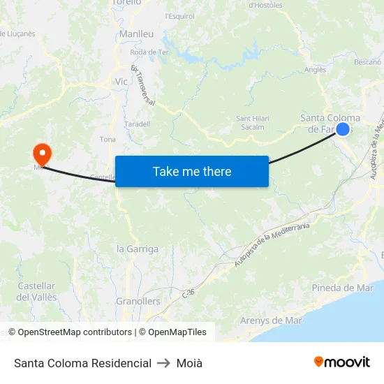 Santa Coloma Residencial to Moià map