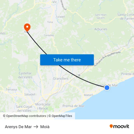Arenys De Mar to Moià map