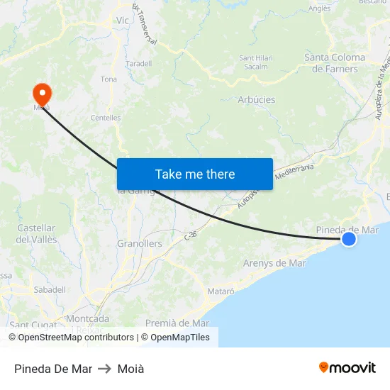Pineda De Mar to Moià map