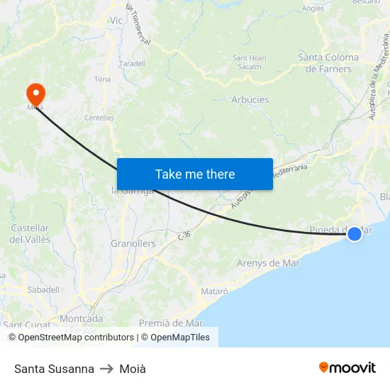 Santa Susanna to Moià map