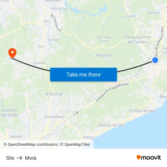 Sils to Moià map