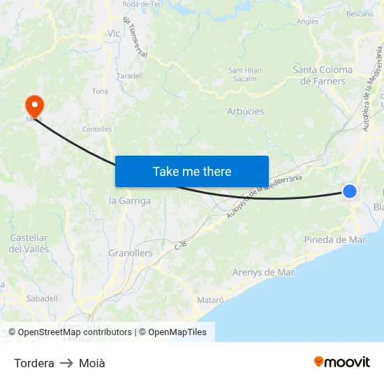 Tordera to Moià map