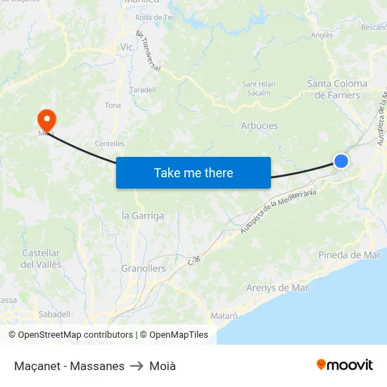 Maçanet - Massanes to Moià map
