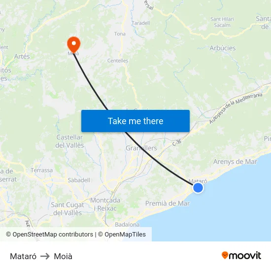 Mataró to Moià map