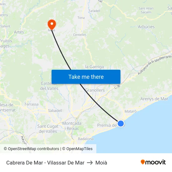 Cabrera De Mar - Vilassar De Mar to Moià map