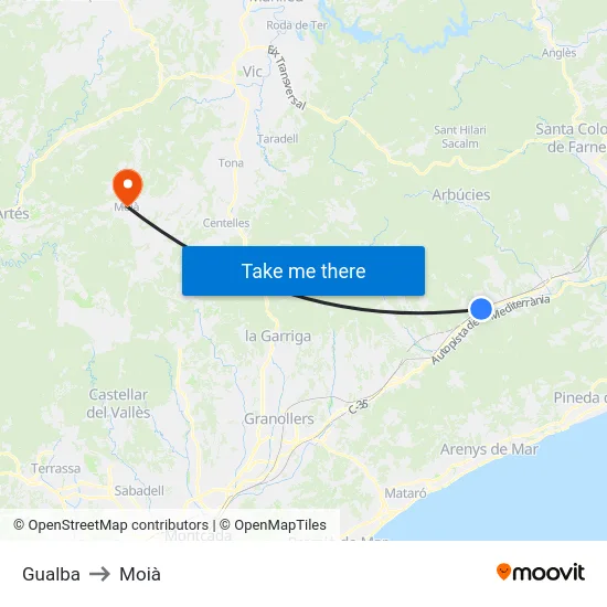 Gualba to Moià map