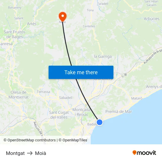 Montgat to Moià map