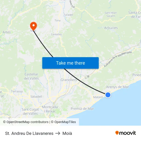 St. Andreu De Llavaneres to Moià map