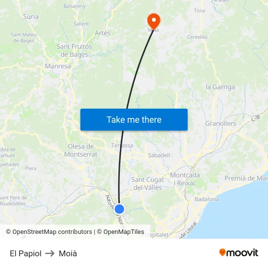 El Papiol to Moià map