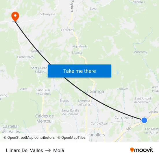 Llinars Del Vallès to Moià map
