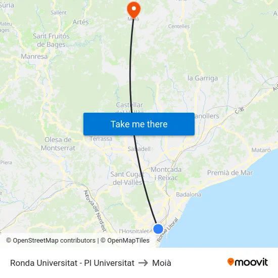 Ronda Universitat - Pl Universitat to Moià map