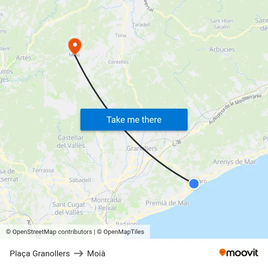 Plaça Granollers to Moià map