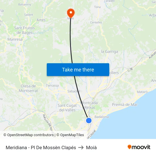 Meridiana - Pl De Mossèn Clapés to Moià map