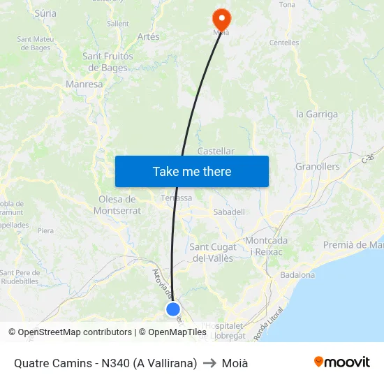 Quatre Camins - N340 (A Vallirana) to Moià map