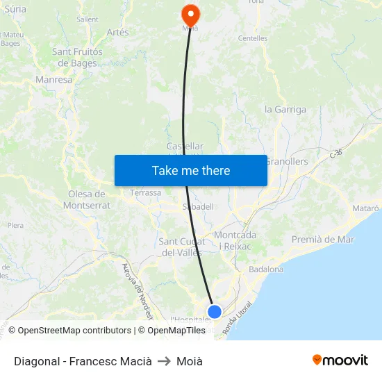 Diagonal - Francesc Macià to Moià map