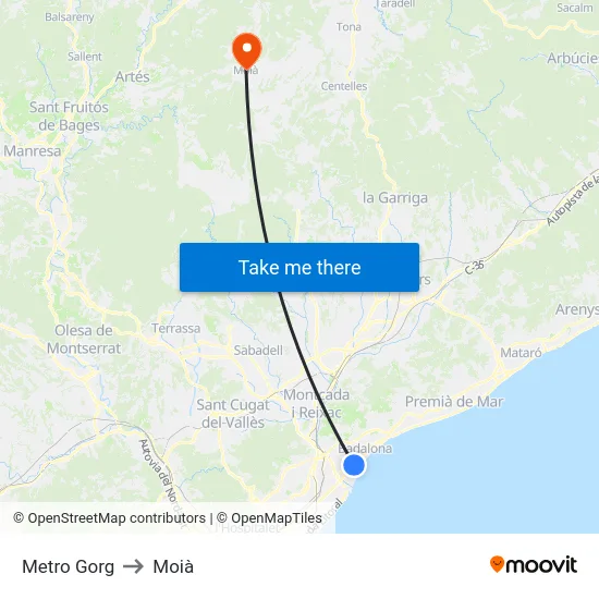 Metro Gorg to Moià map