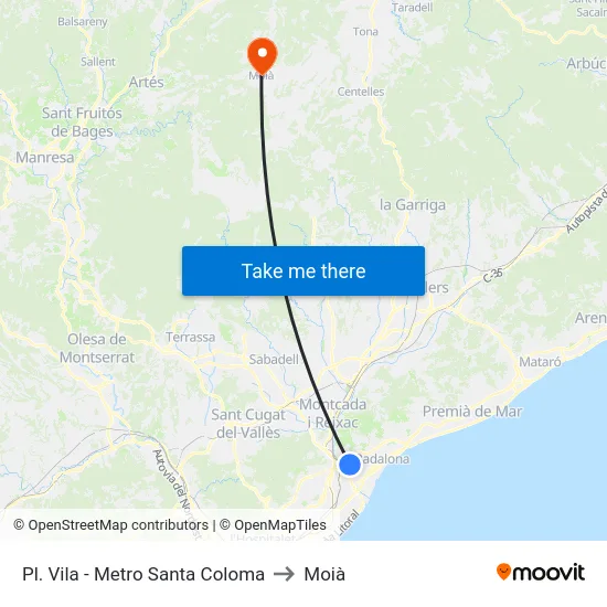 Pl. Vila - Metro Santa Coloma to Moià map