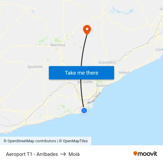 Aeroport T1 - Arribades to Moià map