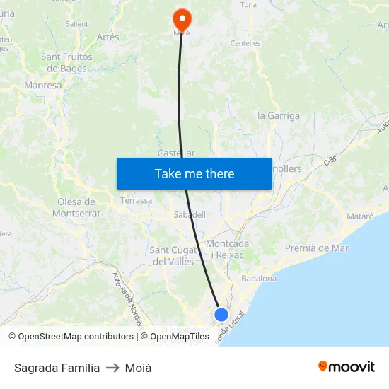 Sagrada Família to Moià map