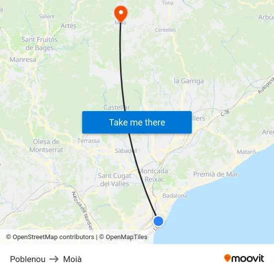 Poblenou to Moià map
