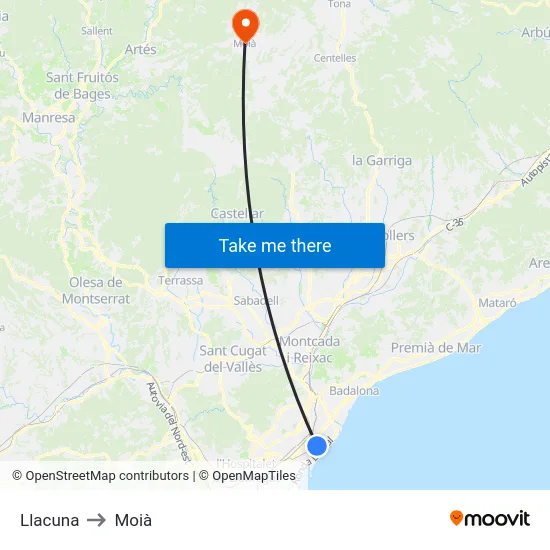 Llacuna to Moià map
