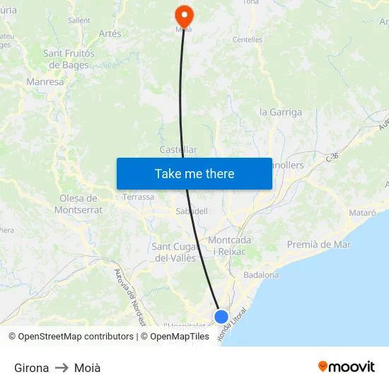 Girona to Moià map