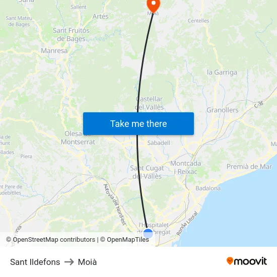Sant Ildefons to Moià map