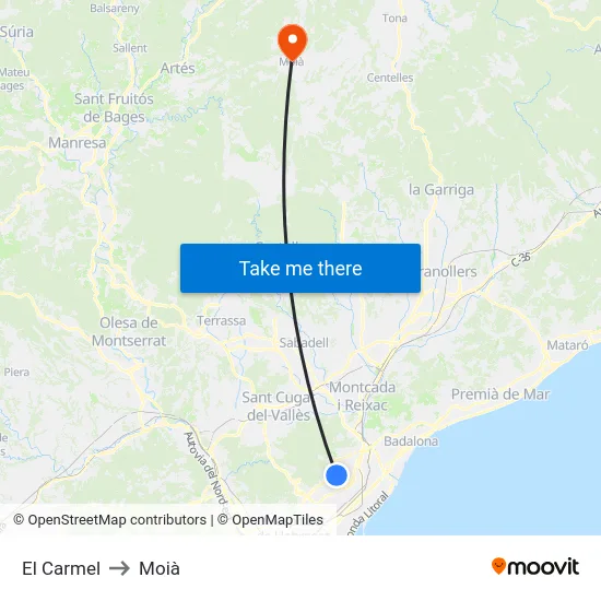 El Carmel to Moià map