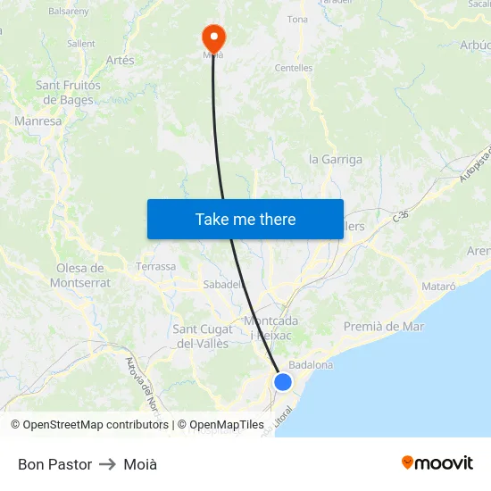 Bon Pastor to Moià map