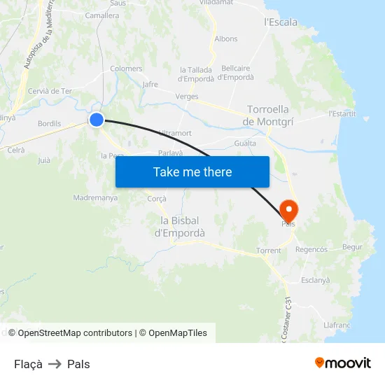 Flaçà to Pals map
