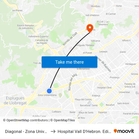 Diagonal - Zona Universitària to Hospital Vall D'Hebron. Edifici Garbí map