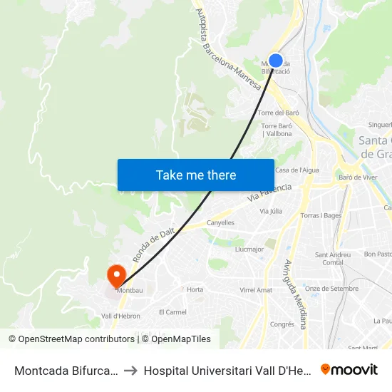 Montcada Bifurcació to Hospital Universitari Vall D'Hebron map