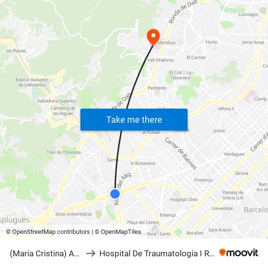 (Maria Cristina) Av. Diagonal/Dr. Ferran to Hospital De Traumatologia I Rehabilitació De La Vall D'Hebron map