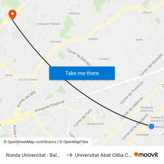 Ronda Universitat - Balmes to Universitat Abat Oliba Ceu map