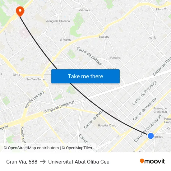 Gran Via, 588 to Universitat Abat Oliba Ceu map