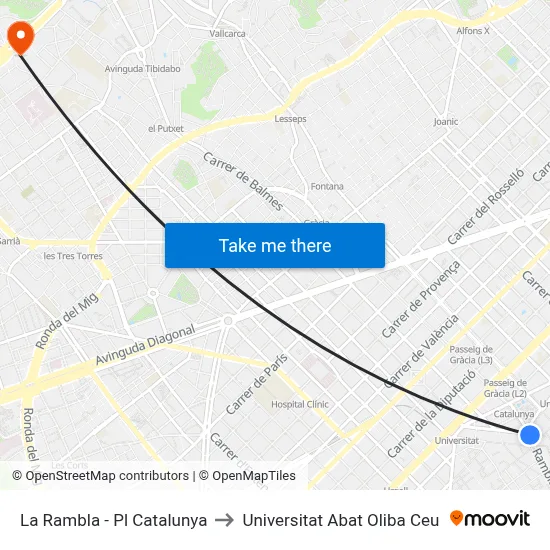 La Rambla - Pl Catalunya to Universitat Abat Oliba Ceu map
