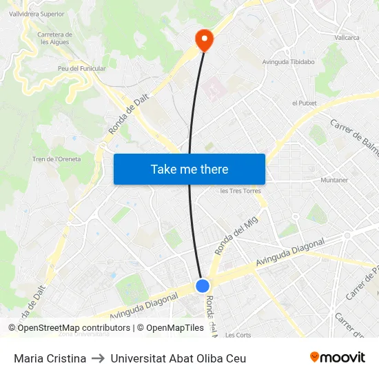 Maria Cristina to Universitat Abat Oliba Ceu map