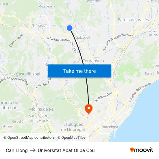 Can Llong to Universitat Abat Oliba Ceu map