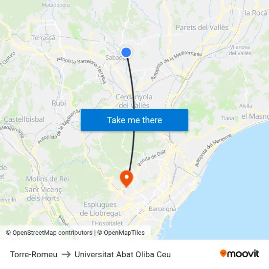 Torre-Romeu to Universitat Abat Oliba Ceu map