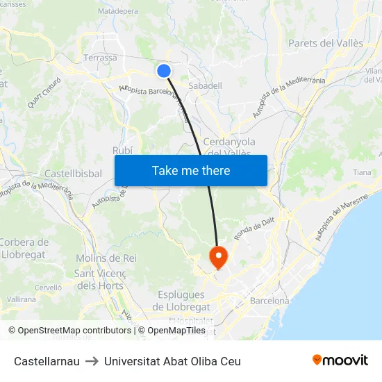 Castellarnau to Universitat Abat Oliba Ceu map