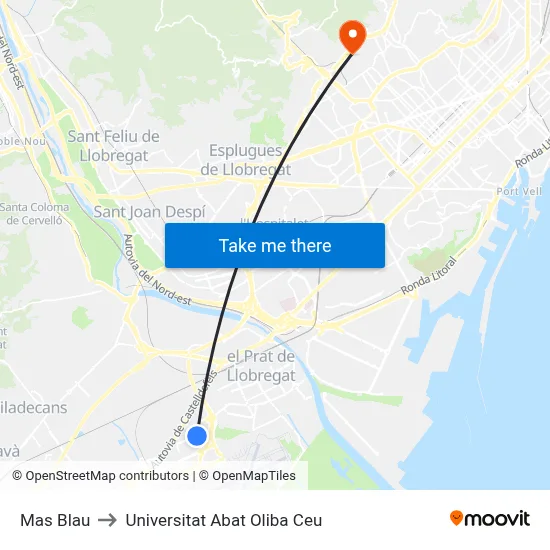 Mas Blau to Universitat Abat Oliba Ceu map