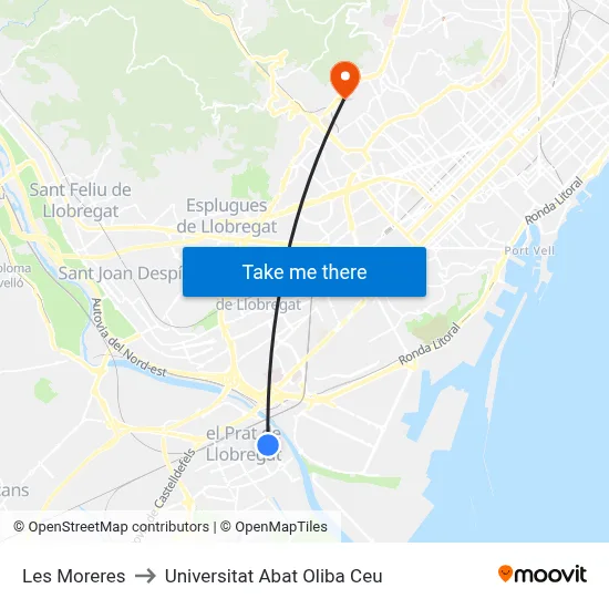 Les Moreres to Universitat Abat Oliba Ceu map