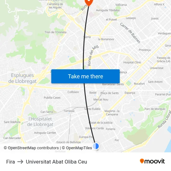 Fira to Universitat Abat Oliba Ceu map